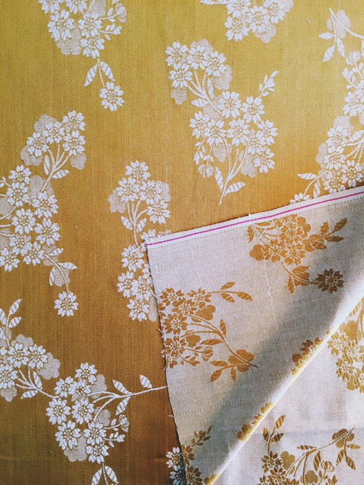 Mustard yellow floral ticking. Unused. Spain c.1950