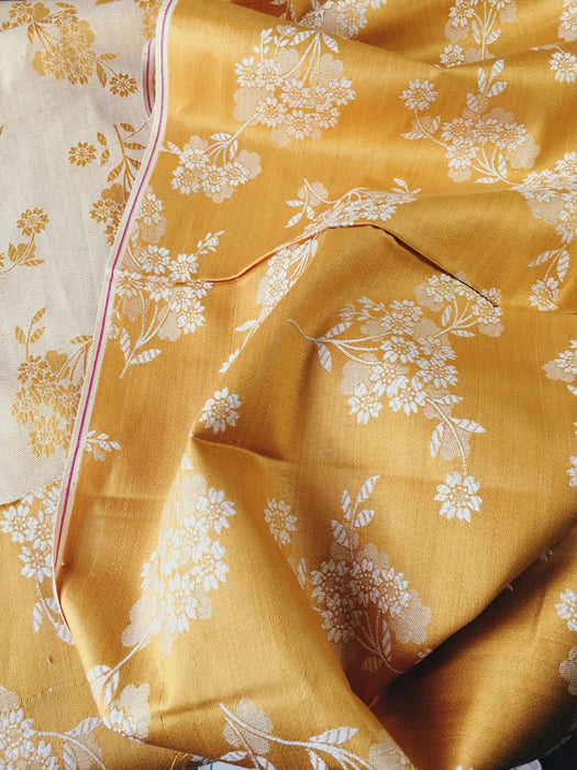 Mustard yellow floral ticking. Unused. Spain c.1950