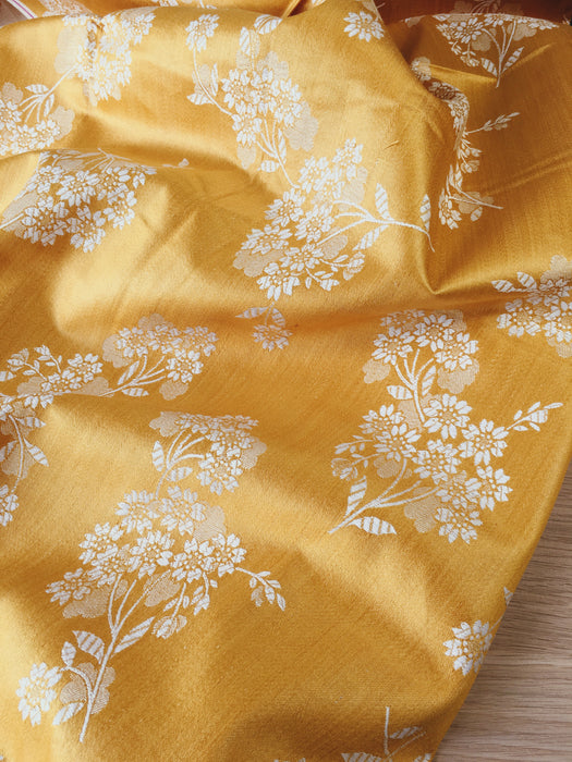 Mustard yellow floral ticking. Unused. Spain c.1950