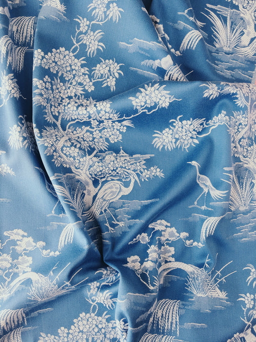 Cerulean blue ticking with exotic birds. Unused. Spain c.1950 - Per meter (21 m avail.)