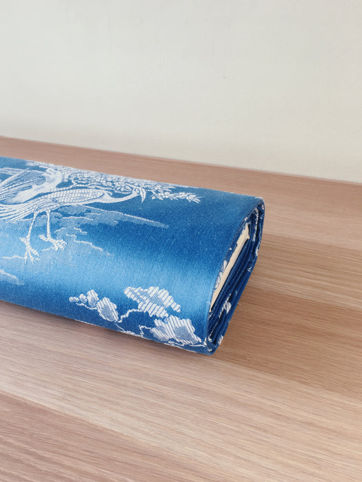 Cerulean blue ticking with exotic birds. Unused. Spain c.1950 - 9 meters.