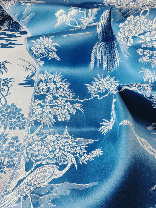 Cerulean blue ticking with exotic birds. Unused. Spain c.1950 - 9 meters.