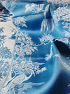 Cerulean blue ticking with exotic birds. Unused. Spain c.1950 - 14 meters.
