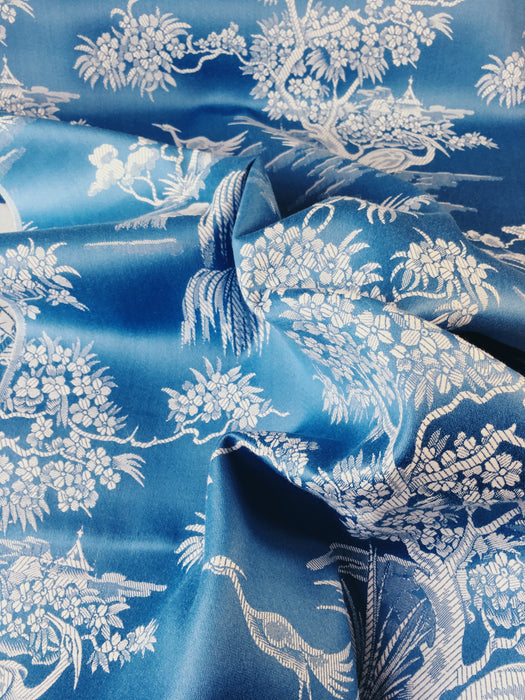 Cerulean blue ticking with exotic birds. Unused. Spain c.1950 - Per meter (21 m avail.)