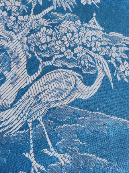 Cerulean blue ticking with exotic birds. Unused. Spain c.1950 - 9 meters.