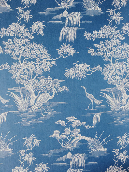 Cerulean blue ticking with exotic birds. Unused. Spain c.1950 - 9 meters.