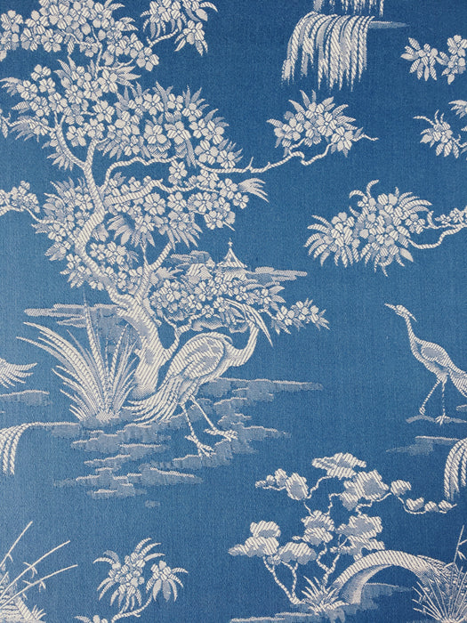 Cerulean blue ticking with exotic birds. Unused. Spain c.1950 - 9 meters.