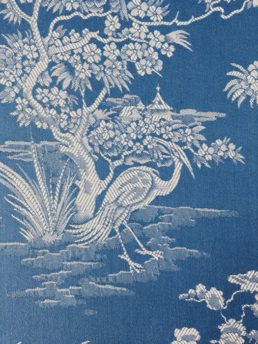 Cerulean blue ticking with exotic birds. Unused. Spain c.1950 - Per meter (21 m avail.)