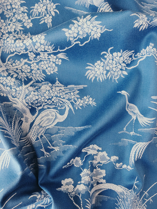 Cerulean blue ticking with exotic birds. Unused. Spain c.1950 - 9 meters.