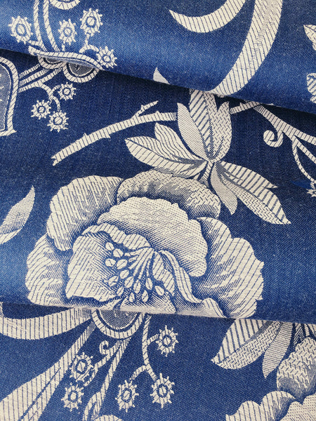 Blue Floral Antique European Ticking Fabric Unused Yardage DA-AZUL-005 - Ticking Depot