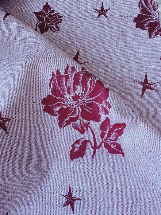 Burgundy ticking with flowers and stars. Unused. Spain c.1950 - 4 meters