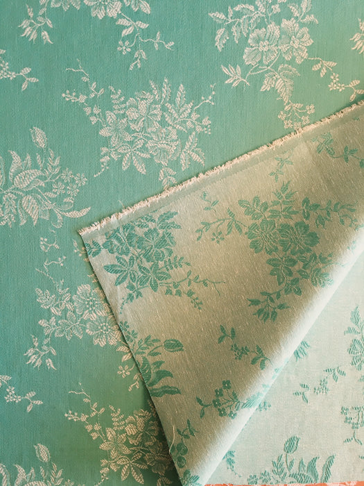 Mint green ticking with roses, bluebells, lily of the valley. Unused. Spain c.1950 - Per meter (24 m avail.)