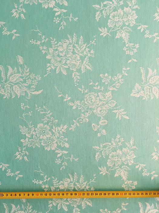Mint green ticking with roses, bluebells, lily of the valley. Unused. Spain c.1950 - 20 meters