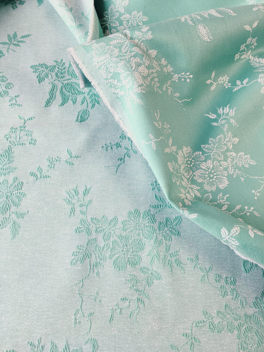 Mint green ticking with roses, bluebells, lily of the valley. Unused. Spain c.1950 - Per meter (24 m avail.)