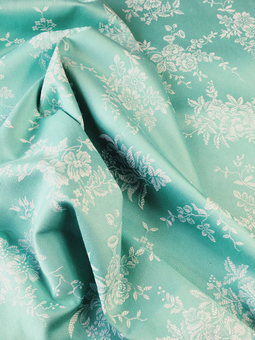 Mint green ticking with roses, bluebells, lily of the valley. Unused. Spain c.1950 - Per meter (24 m avail.)