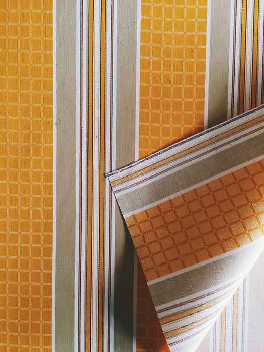 Tuscan yellow and gray striped ticking. Unused. Spain approx. 1950 - 0.7 meters