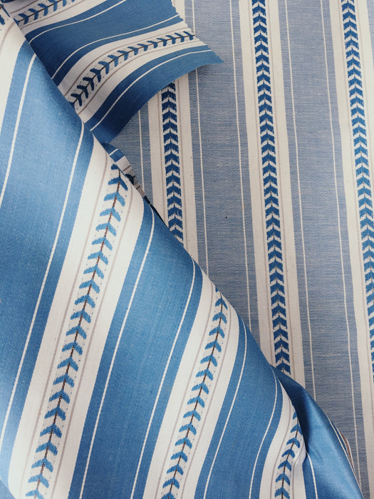 Soft blue and white stripes ticking with leaves. Unused. Spain c.1950 - Per meter (8 m avail.)