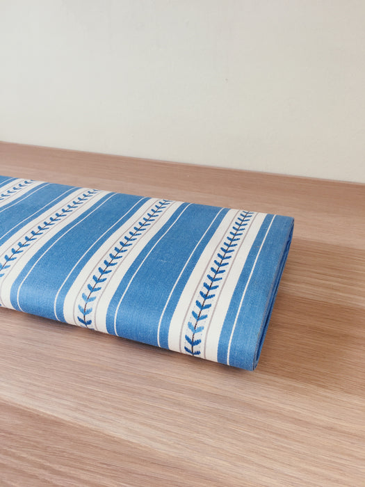 Soft blue and white stripes ticking with leaves. Unused. Spain c.1950 - Per meter (8 m avail.)