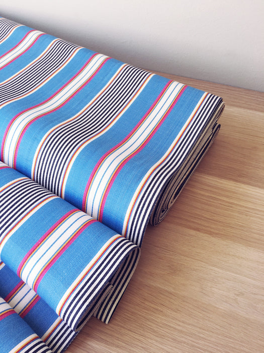 Striped ticking in blue, red, and white. Unused. Spain c.1950 - 1.8 meters