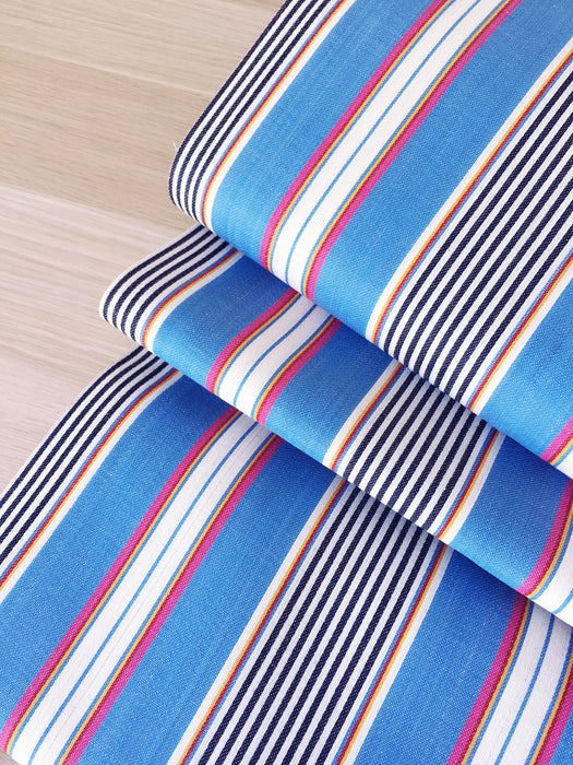 Striped ticking in blue, red, and white. Unused. Spain c.1950 - 1.8 meters