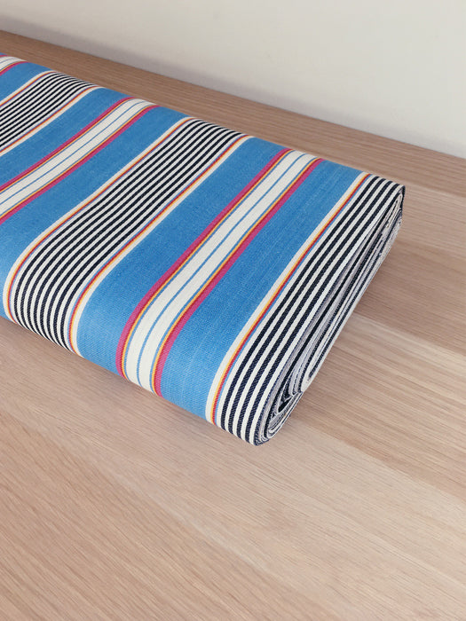Striped ticking in blue, red, and white. Unused. Spain c.1950 - Per meter (15 m avail.)