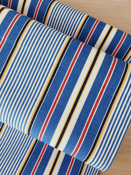 Striped ticking in blue, white and red. Unused. Spain c.1950 - 4.6 meters