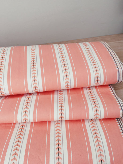 Striped ticking in salmon pink with leaves. Unused. Spain c.1950 - 2.6 meters