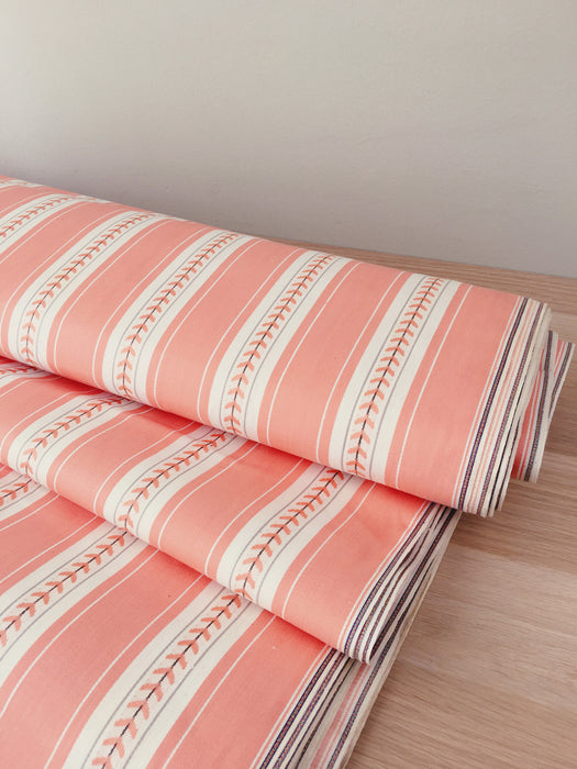 Striped ticking in salmon pink with leaves. Unused. Spain c.1950 - 2.6 meters