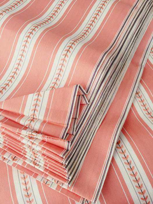 Striped ticking in salmon pink with leaves. Unused. Spain c.1950 - Per meter (25 m avail.)