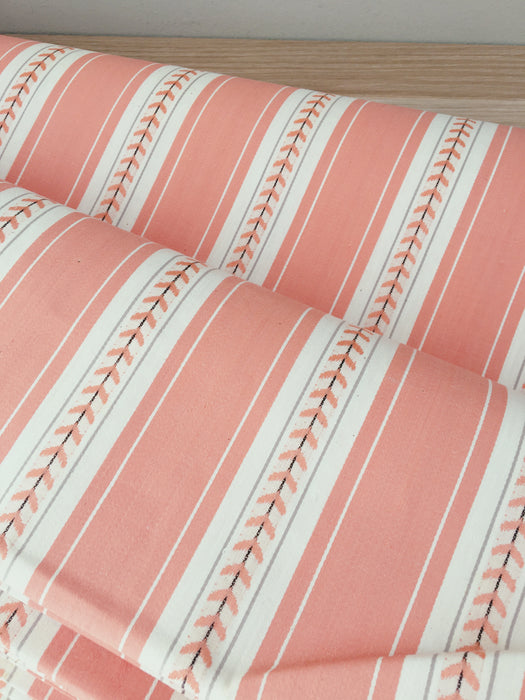 Striped ticking in salmon pink with leaves. Unused. Spain c.1950 - 2.6 meters
