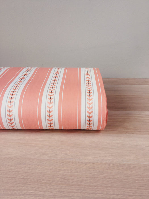Striped ticking in salmon pink with leaves. Unused. Spain c.1950 - Per meter (25 m avail.)