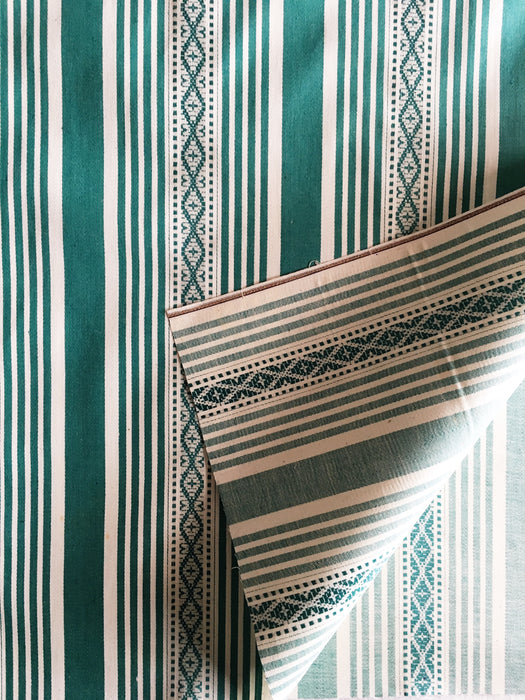 Emerald green striped ticking. Small jacquard pattern. Unused. Spain c.1950 - Per meter (23 m avail.)