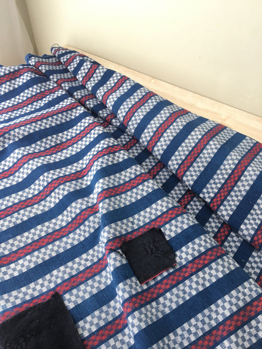 Handwoven checked ticking in blue and red. Very rare. Spain. Early 1900s - Lot of 2 pieces