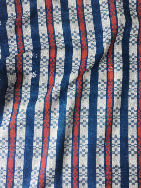 Blue Red Geometric Antique European Ticking Fabric Recovered Panels REC-CH-008 - Ticking Depot