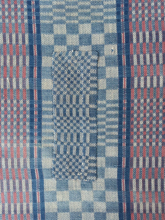 Handwoven blue, white and red checked ticking. Very rare. Spain. Early 1900s - Lot of 3 pieces