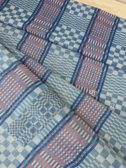 Handwoven blue, white and red checked ticking. Very rare. Spain. Early 1900s - Lot of 3 pieces