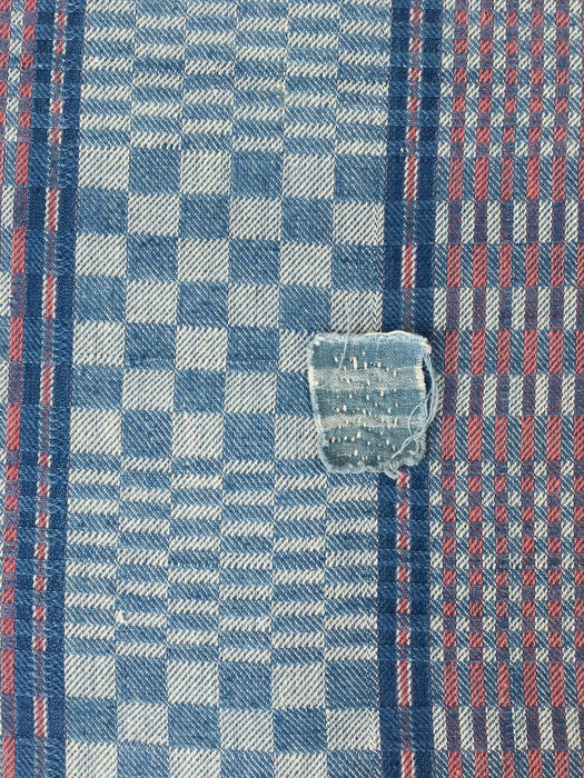 Handwoven blue, white and red checked ticking. Very rare. Spain. Early 1900s - Lot of 3 pieces