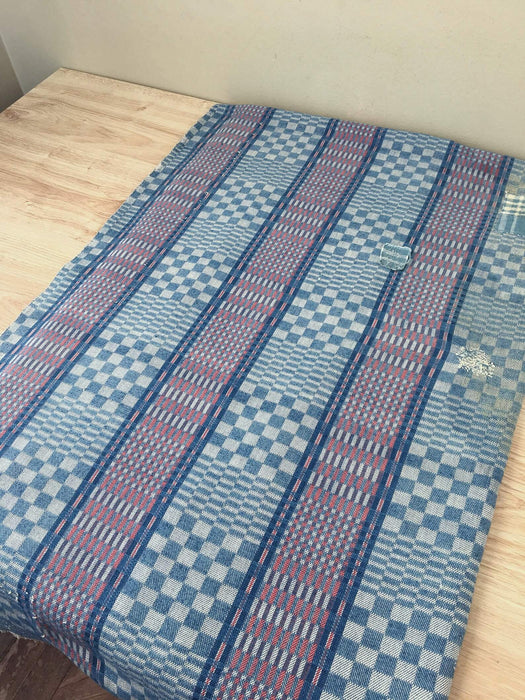 Handwoven blue, white and red checked ticking. Very rare. Spain. Early 1900s - Lot of 3 pieces