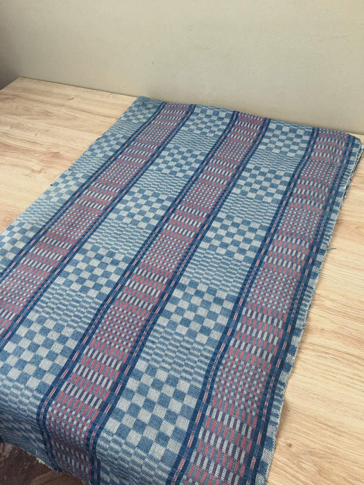 Handwoven blue, white and red checked ticking. Very rare. Spain. Early 1900s - Lot of 3 pieces