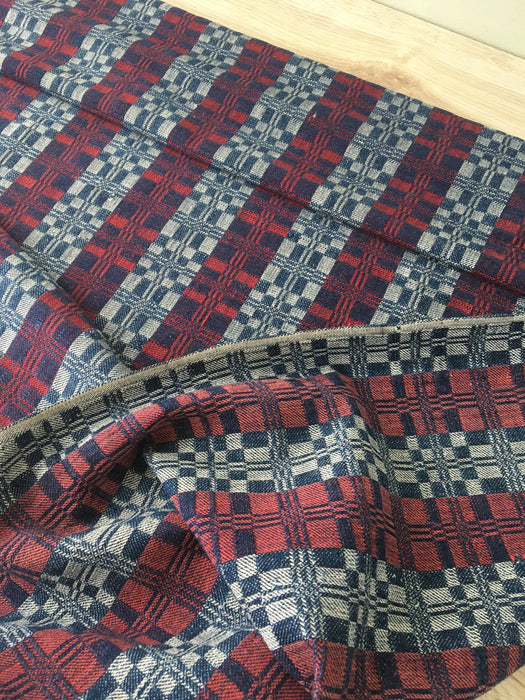 Handwoven ticking in checks blue, white and red. Very rare. Spain. Early 1900s.