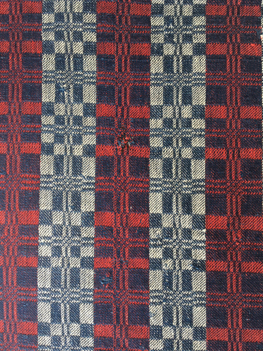 Handwoven ticking in checks blue, white and red. Very rare. Spain. Early 1900s.