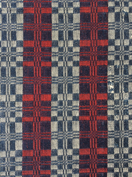 Handwoven ticking in checks blue, white and red. Very rare. Spain. Early 1900s.