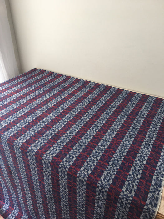 Handwoven ticking in checks blue, white and red. Very rare. Spain. Early 1900s.