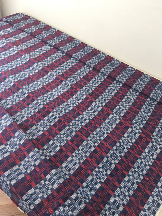 Handwoven ticking in checks blue, white and red. Very rare. Spain. Early 1900s.