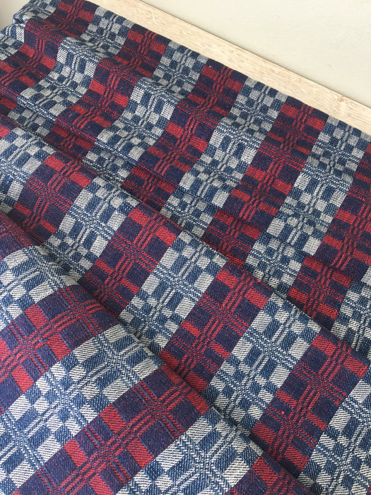 Handwoven ticking in checks blue, white and red. Very rare. Spain. Early 1900s.