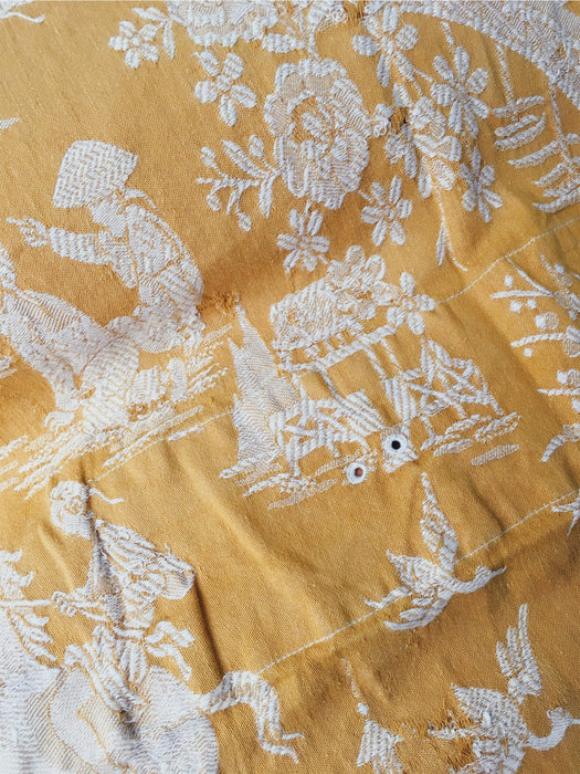 Yellow Chinoiserie Scenic Antique European Ticking Fabric Recovered Panels REC-DA-AMARILLO-003 - Ticking Depot