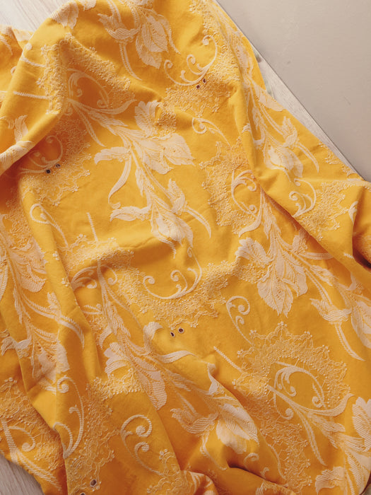 Golden yellow floral ticking with orquids. Spain c.1900 - 128×90 cm