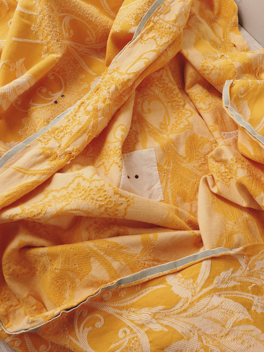 Golden yellow floral ticking with orquids. Spain c.1900 - 128×90 cm