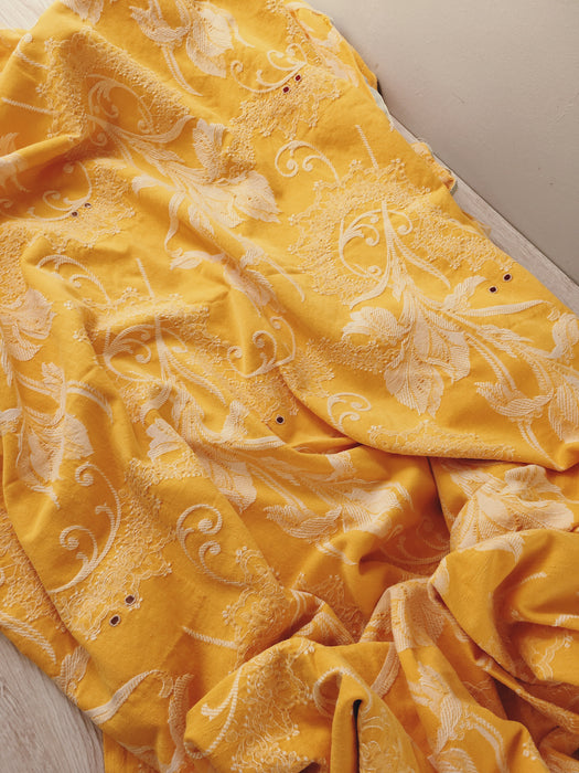 Golden yellow floral ticking with orquids. Spain c.1900 - 128×90 cm