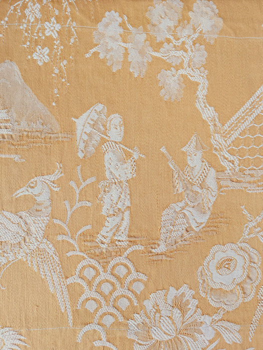 Yellow Chinoiserie Scenic Antique European Ticking Fabric Recovered Panels REC-DA-AMARILLO-020 - Ticking Depot